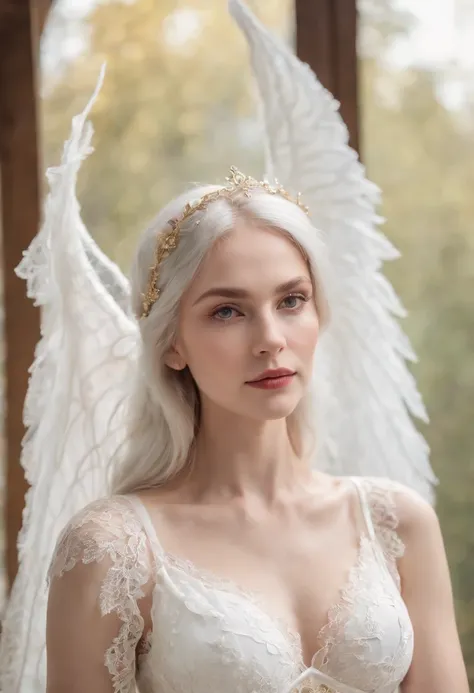 sisterhood, silber hair, Angel wings made of feathers, elf-ears, Transparent finish, Realistic body lines, (((Many long white lace bales flutter in the wind))), (Silk Gold and Silver Lingerie), church stained glass, Church candles, albino