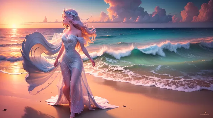 (master part, high resolution, illustration:1.2), Radiant young woman in a flowing dress, (Graceful and ethereal presence:1.1), (sol dourado afundando sob o horizonte:1.2), (suave brisa do mar acariciando suas bochechas:1.2), (Praia tranquila e isolada com...