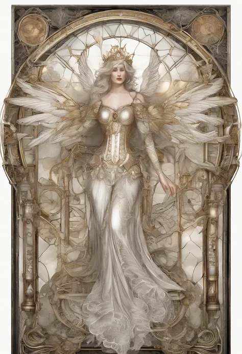 sisterhood, silber hair, Angel wings made of feathers, elf-ears, Transparent finish, Realistic body lines, (((Many long white lace bales flutter in the wind))), (Silk Gold and Silver Lingerie), church stained glass, Church candles, albino