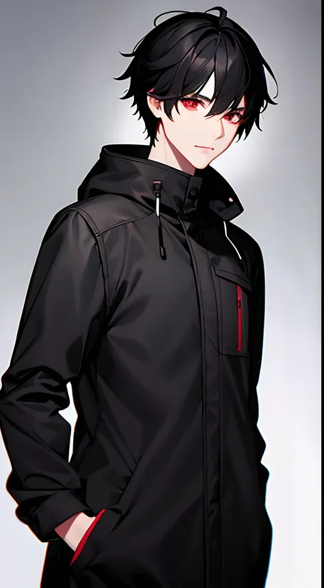 1 boy black hair red eye half body black parka realistic eye