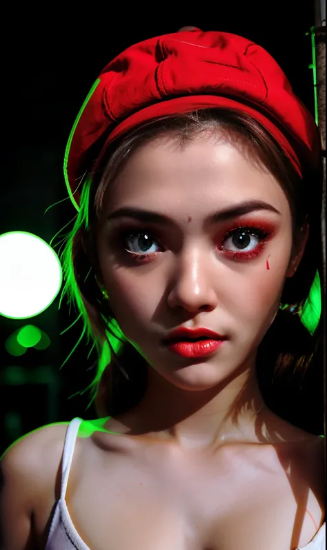 Anime boy with red eyes and a red hat, his eyes are red and glowing, seus olhos brilhando vermelhos, Olhos vermelhos brilhantes, his eyes are bleeding intense, Olhos vermelhos afiados, olhos totalmente vermelhos sem pupilas, olhos totalmente vermelhos, Olh...