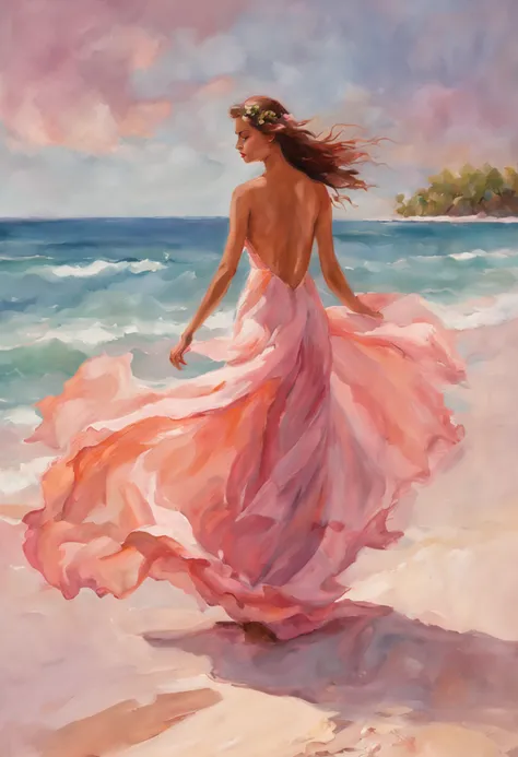 (master part, high resolution, illustration:1.2), Radiant young woman in a flowing dress, (Graceful and ethereal presence:1.1), (sol dourado afundando sob o horizonte:1.2), (suave brisa do mar acariciando suas bochechas:1.2), (Praia tranquila e isolada com...