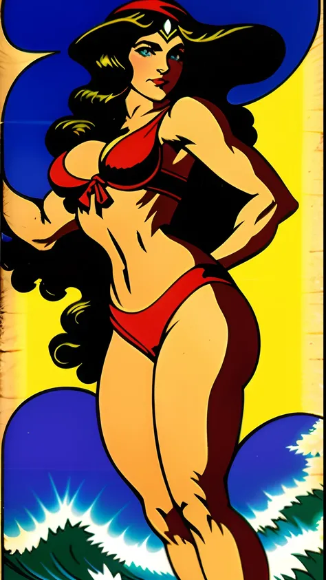 Arte ricamente inspirada em john Buscema,1mulher pirata de longos e ondulados cabelos negros, olhar selvagem, middlebreasts, corpo delgado usando traje pirata sensual.pose sugestiva empunhando uma espada afiada na proa do navio pirata, Features red bandana...