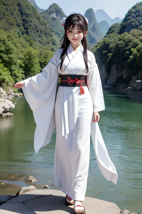 A 20-year-old woman,Wear white Hanfu,Walk among the mountains and rivers of Guilin.