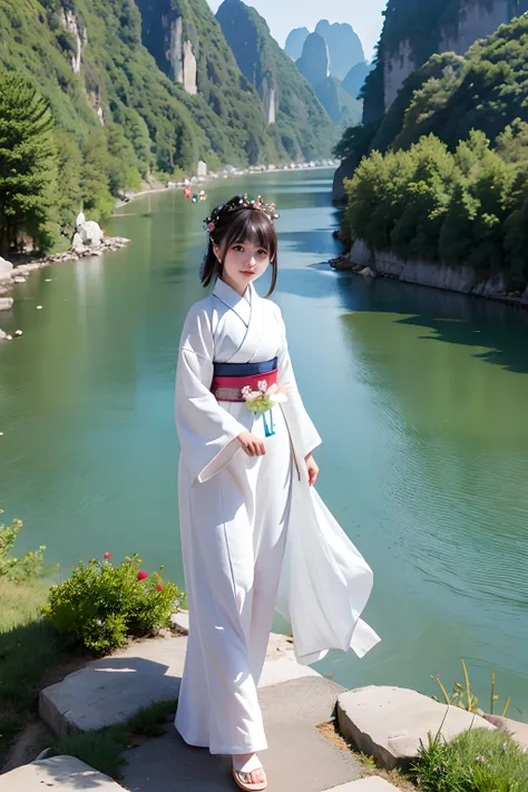 A 20-year-old woman,Wear white Hanfu,Walk among the mountains and rivers of Guilin.