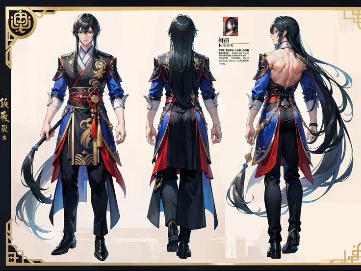 ((Masterpiece, Highest quality)), Detailed face, character design sheet， full bodyesbian, Full of details, frontal body view, back body view, Highly detailed, Depth, Many parts, Muscle boy with black long hair，handsome man, Traditional chinese clothes, Gen...