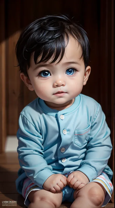 ultra high quality, ultra high definition, ultra sharpness, 8K, a very cute baby boy, 1 year old, wearing a children clothes, portrait, ultra detailed eyes, ultra detailed irises