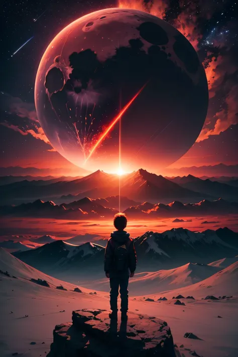 A child stands on top of the mountain watching the end of the world while meteorites hit the surface of the Earth and planets collide and the moon explodes, the red sky burning.