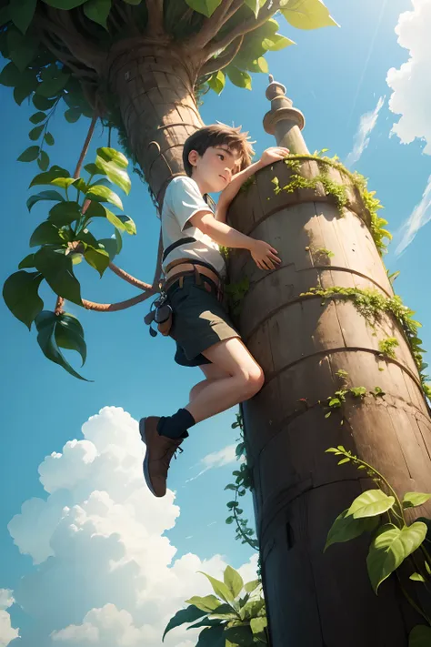 Boy Boy Climbing Climbing A Beanstalk Plant Giant bush high to the sky with clouds many clouds