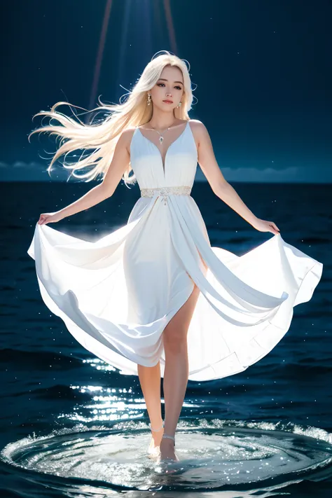 Beautiful woman in white dress standing in sea water with flowing dress, pale skinned, deusa, pegue a chave, de colar de diamante, Pearls in water, a noite, starly sky, sky with galaxy, ....lua, Como uma deusa, walking on water, mulher iluminada, blue wate...