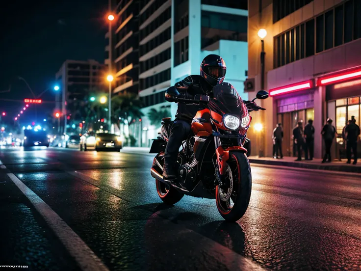 A man in a motorcycle wearing a backwards cap, white shirt and shorts escaping from the police in a motorcycle trough the streets of Miami at night,best quality,4k,8k,highres,masterpiece:1.2),ultra-detailed,(realistic,photorealistic,photo-realistic:1.37),H...