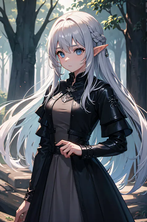 4k,hight resolution,One Woman,elvish,greyt hair,Longhaire,Knights dress made of black leather,in woods