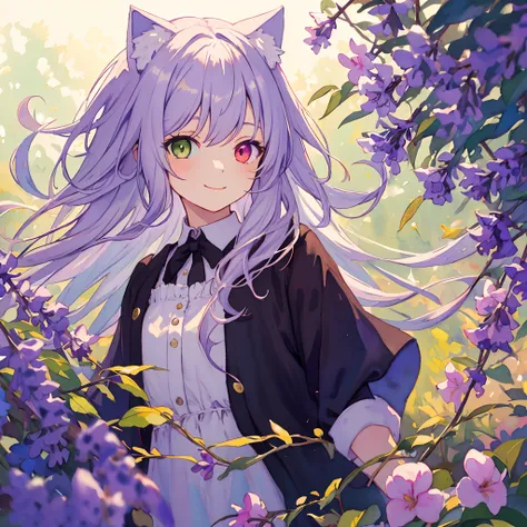 ((solo young catgirl)), lavender hair, nekomimi, simple plain background, relaxed, innocent smile, flowing hair, flowers, leaves, masterpiece, heterochromia, polychromia, light background, (pastel colors), (muted colors), glow, soft, in the style of a wate...