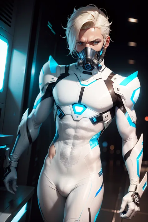 body suit, white and blue suit, futuristic suit, skin tight bodysuit, toned male, teenager, young male,white face mask, bodysuit, futuristic, sci fi, toned male, white gas mask, hands visible, bulge, skinny, white gauntlet, tight gloves, hair visible, blon...