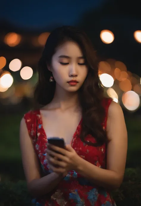 A Chinese girl, segurando o celular, bored expression, fundo noturno