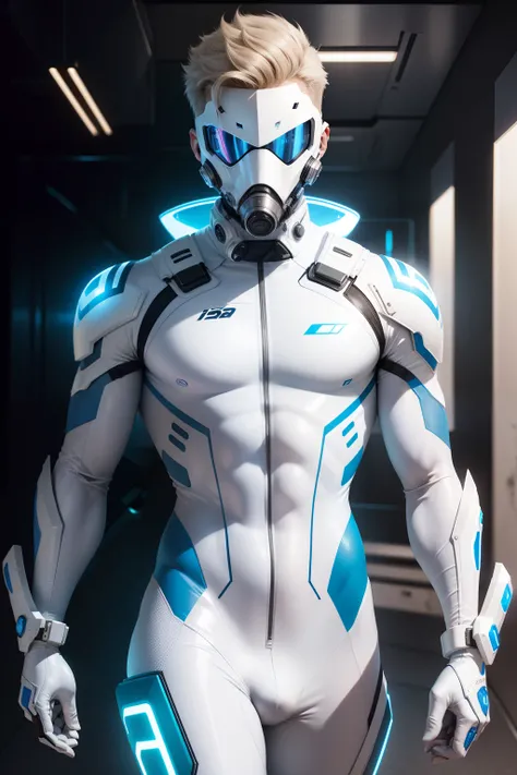 body suit, white and blue suit, futuristic suit, white gloves, skin tight bodysuit, toned male, teenager, young male, face mask, bodysuit, futuristic, sci fi, toned male,gas mask, hands visible