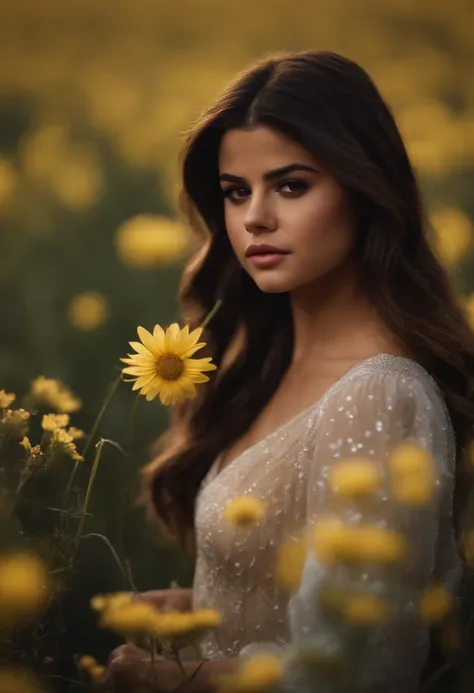 selena gomez  in a field of flowers.