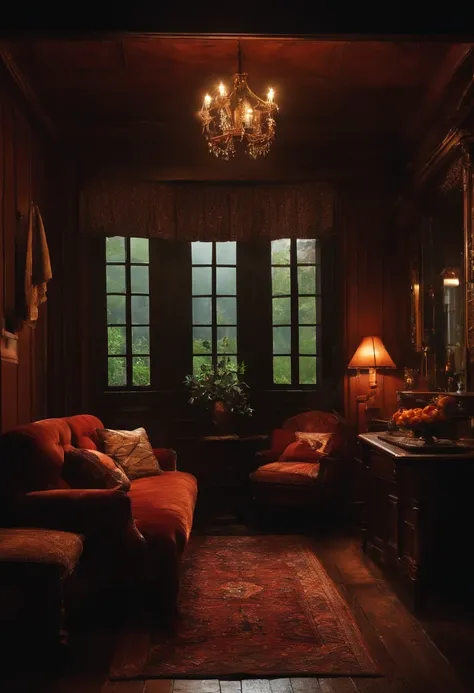 Night scenery in a room with lots of details, Ao fundo, uma janela com gotas de chuva, Cozy setting.