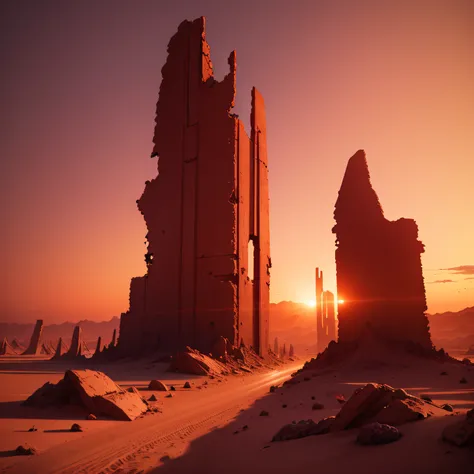 Alien desert landscape, red skies, ruins