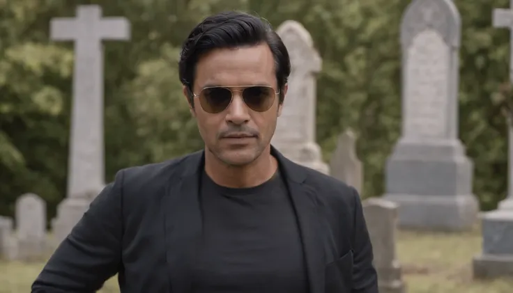 realistic image in 8k of a 40-year-old man, black hair, tanned skin, Brazilian features, dressed all in black and with sunglasses, sad expression, in a Brazilian cemetery, morning