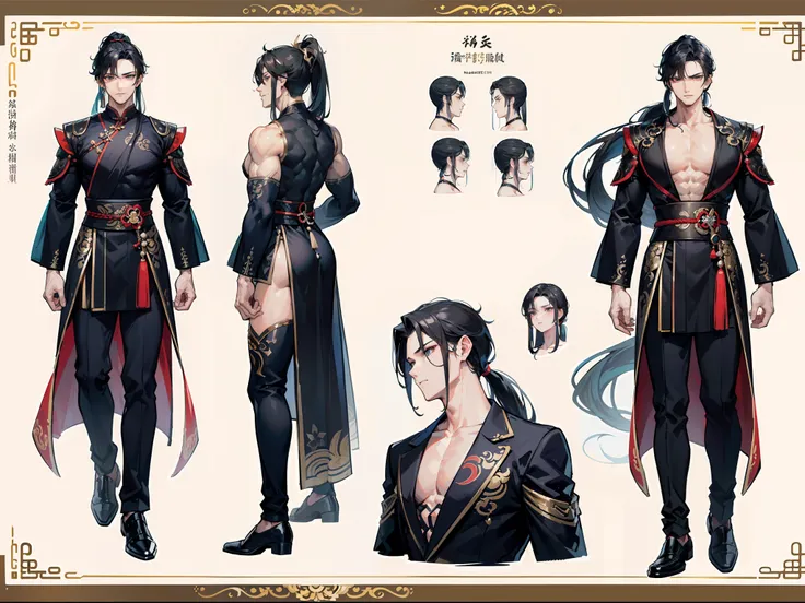 ((Masterpiece, Highest quality)), Detailed face, character design sheet， full bodyesbian, Full of details, frontal body view, back body view, Highly detailed, Depth, Many parts, Muscle boy with ponytail long black hair，handsome man, muscle body, Traditiona...