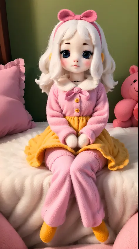 wool felt，Felt，plush ，adolable，Masterpiece, Best quality, Super detailed, illustration, Beautiful eyes, Close up, A girl. It is white hair, Pink bow, Yellow pajamas,sit on a bed.