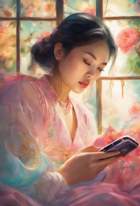 1 Asian woman looking at mobile phone screen, deitada na cama, acordada, pensive expression