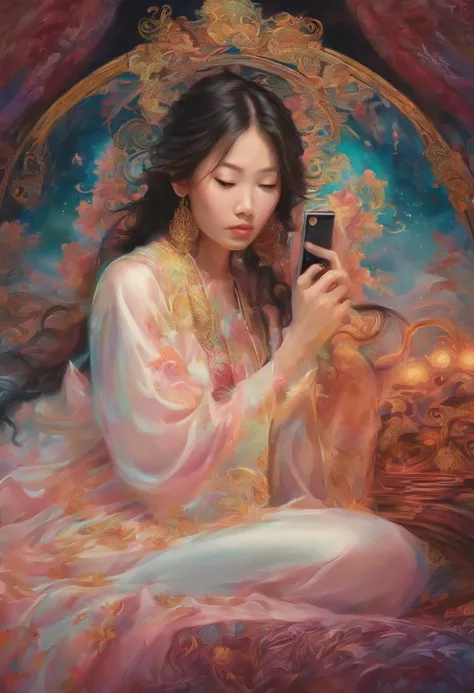 1 Asian woman looking at mobile phone screen, deitada na cama, acordada, pensive expression