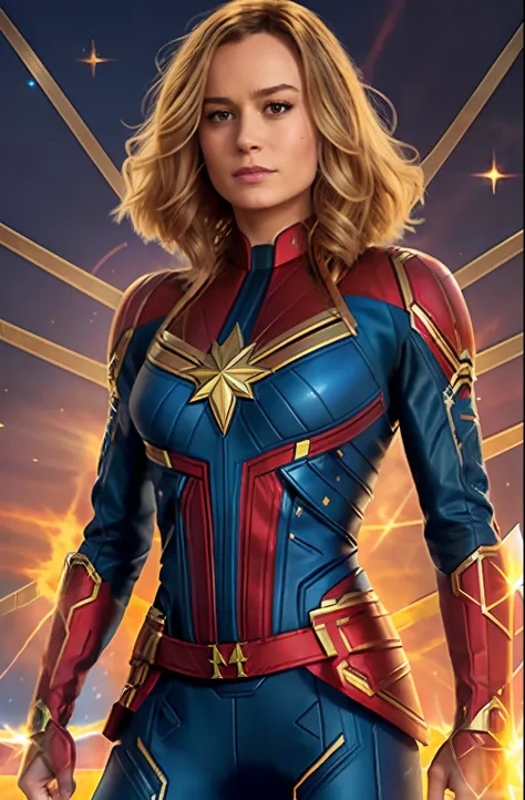 brie larson, medium hair, full body portrait, wearing captain marvel outfit, sexy, cleavage, breasts showing