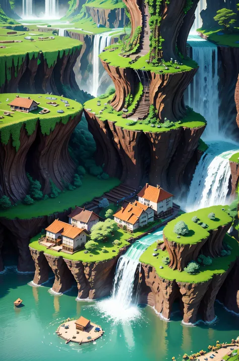 close up breathtaking view of a village made of wood surrounded by giant waterfalls