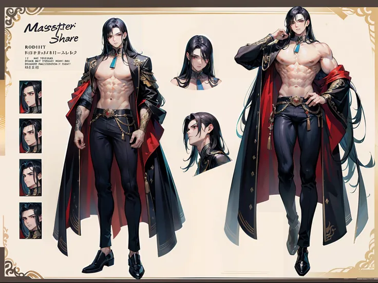 ((Masterpiece, Highest quality)), Detailed face, character design sheet， full bodyesbian, Full of details, frontal body view, back body view, Highly detailed, Depth, Many parts, Muscle boy with long black hair，handsome man, muscle body, vampire outfit , ma...