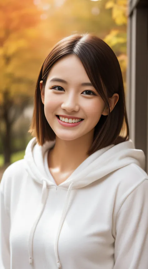 The face is a hostess、Clothes are white hoodies、hiquality、A hyper-realistic、healthy、Smiling expression、Slender perfect figure、Japan beauties、beautidful eyes、face perfect、Beautiful skin、Trip、Autumn leaves in the background