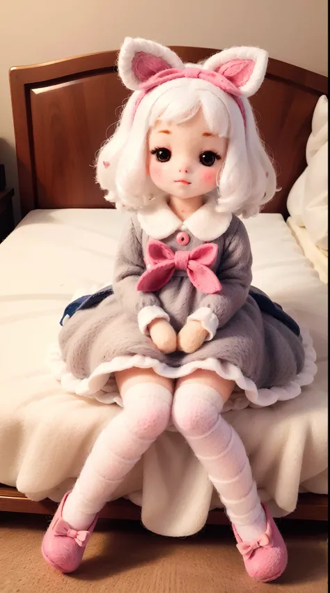 wool felt，Felt，plush ，adolable，Masterpiece, Best quality, Super detailed, illustration, Close up, A girl. It is white hair, Pink bow, dress in yellow,sit on a bed.