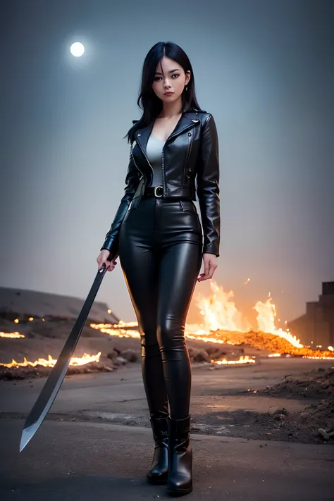 1girl, long curly black hair, brown eyes, wearing black leather jacket, black leather long pants, black boots, city, high res, ultrasharp, 8K, masterpiece, looking at viewer, full body photo, magnificent scene, epic scenes, moon, fire, warrior, large sword