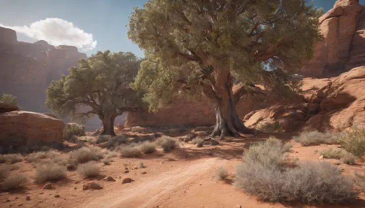 photographing a beautiful scene from the old west, blue sky with clouds, set in a savannah setting, with mountains from the Serra Geral, large trees left over, photographed with 16-24mm phase, angle from bottom to top, volumetric light, photorealistic, cre...