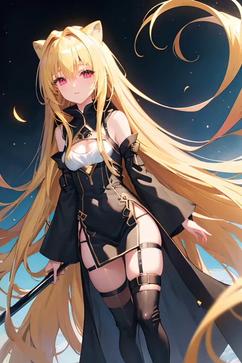 (masterpiece:1.6, best quality), (finely detailed beautiful eyes: 1.2), phyami, yaminor, 1girl, solo, blonde hair, long hair,  red eyes, thigh strap, very long hair, detached sleeves, black dress,