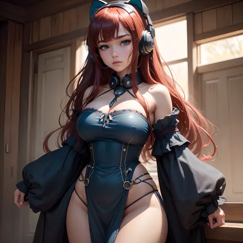 8k, masterpiece, best quality, realistic, higly detailed, cowboy shot, 1girl, solo, miku, emotionless looking girl, medium-length red hair, strands of hair hanging over the right side of her face, a set of wireless headphones that have a triangle-shaped lo...