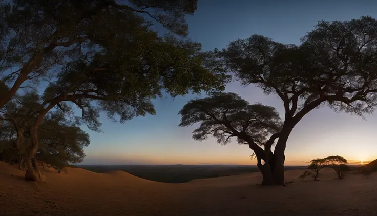 Fotografando uma bela cena, paisagem maravilhosa, Blue sky with clouds, Scenery of the Brazilian cerrado, Grama Verde, com Serra Geral, Remains of large trees, fotografado com fase 16-24mm, Bottom-up angle, volumetric light, fotorrealista, luz cremosa, sem...