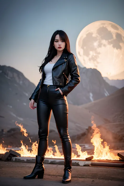 1girl, long curly black hair, brown eyes, wearing black leather jacket, black leather long pants, black boots, city, high res, ultrasharp, 8K, masterpiece, looking at viewer, full body photo, magnificent scene, epic scenes, gothic, moon, fire spell, smoke,...