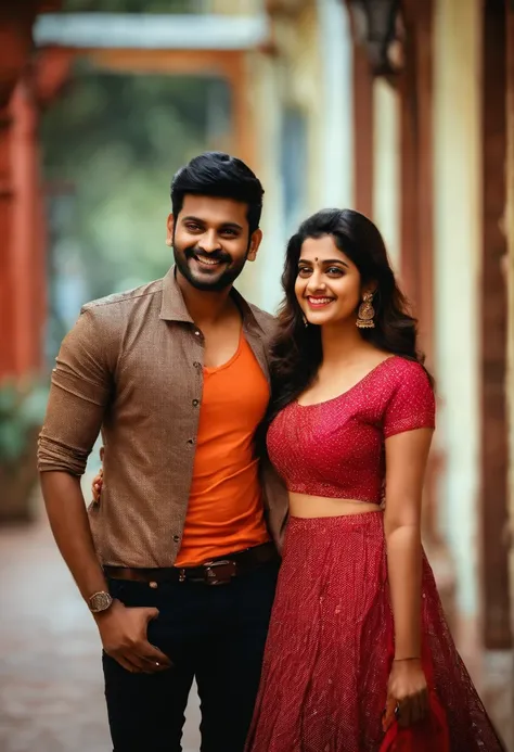 Hand some stylish boy named tight shirt arms prithiviraj with girl friend sakshi smiling