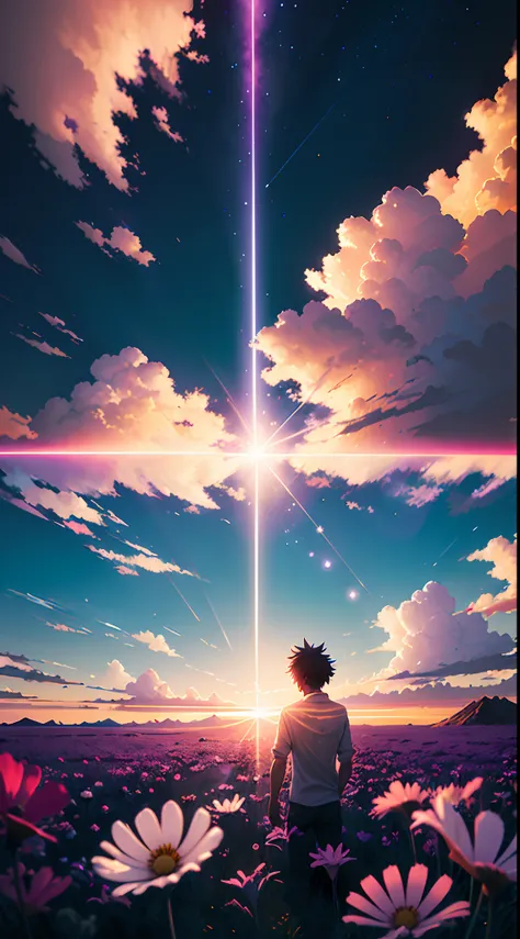 The lens flare photo is real, Magical cloudy background, Amazing wallpapers, Cosmos Sky. By Makoto Shinkai, amazing background, Glowing clouds, Lens flare. occult photorealism, Anime Sky,Cinematic style, Color lens flares, Magnificent background, Wallpaper...