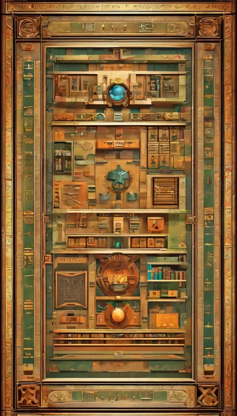 collectible card design, outside frame with sci fi hieroglyphic library laboratory design, inside should be blank, the corners are decorated by a strange series of symbols, each of them covering a different universal aspect, in total there are sixteen of t...