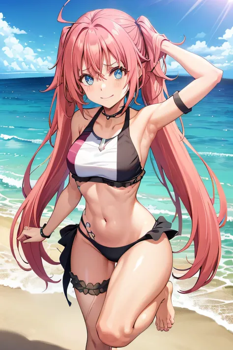 ((female)), (very messy hair), (sorriso feliz), Presas, ((abdominais rasgados)), Toned arms and legs, peitos pequenos, Suor excessiva, (Summer beach scenery), olhos bem azuis, standingn, barefoot, The right hand on the waist, Left Hand Up