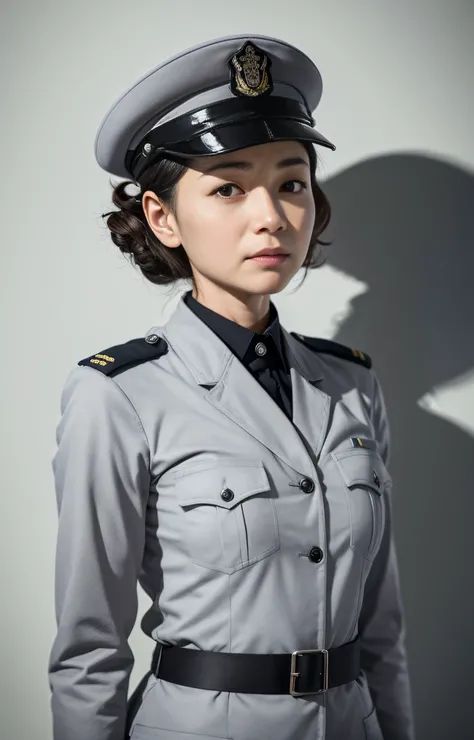 Highest image quality, outstanding details, ultra-high resolution, (realism: 1.4), ((middle shot:0.75)), highly condensed 1lady, with beautiful and a delicate face, (wearing rpolice uniform), background simple grey wall,