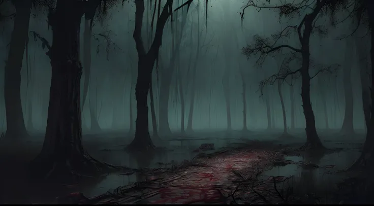 ((Masters Thesis, (very high resolution)a spooky swamp, sinister and scary place, horror, ghoul, guts, crawly, 1st year, , blood, torn clothes, (linear style), HDR, 4k, 8k, . RAW, Hyper Detailed, Realistic, Photorealistic, Award-Winning Illustration,