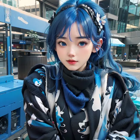 arafed woman with blue eyes and a black scarf sitting on a bench, ulzzang, anime girl in real life, beautiful blue haired girl, white hime cut hairstyle, realistic anime 3 d style, anime girl cosplay, with blue hair, pretty girl with blue hair, beautiful a...