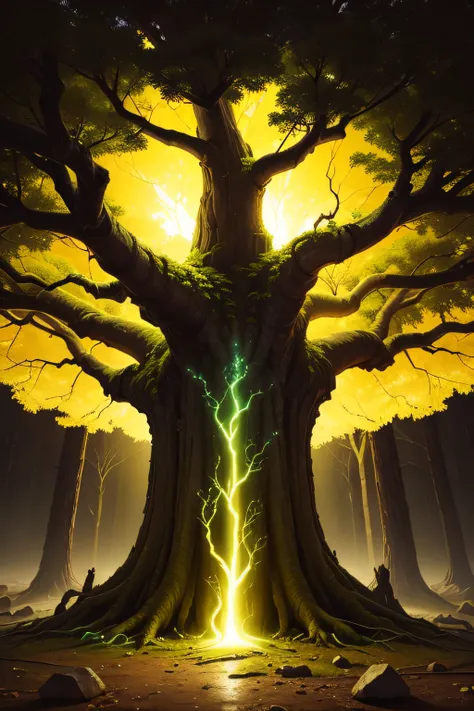 An ancient tree that glows yellow，shock，big vista