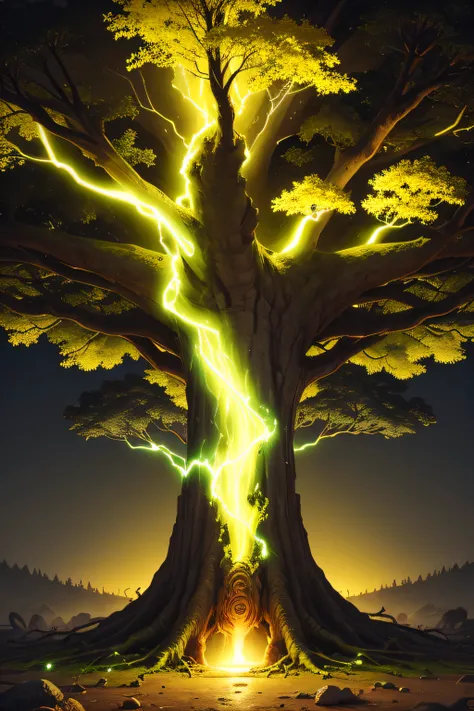 An ancient tree that glows yellow，shock，big vista