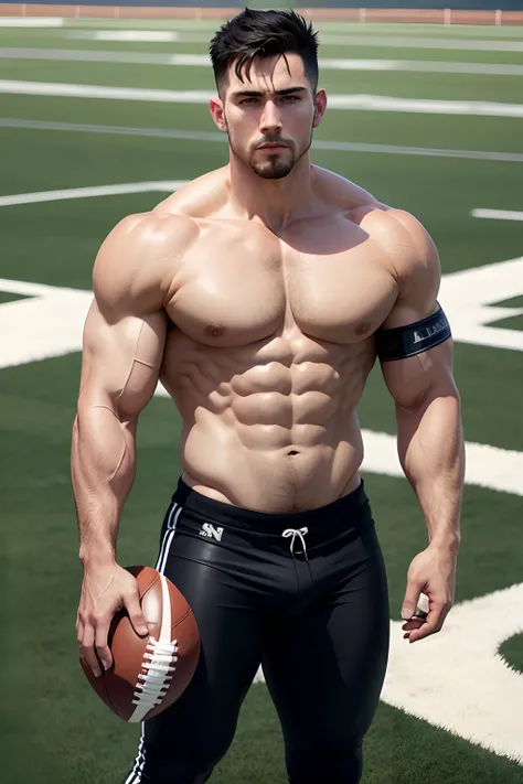 shirtless extremely buff white man wearing skin tight pants with short black hair and small goatee standing in front of a football field holding a football