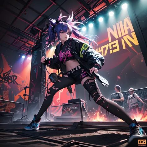 A girl with vibrant colored hair headbanging in a garden, surrounded by electric guitars and drum kits, creating a powerful and energetic atmosphere. The medium is a digital illustration with a gritty texture. Additional details include shattered glass, mo...